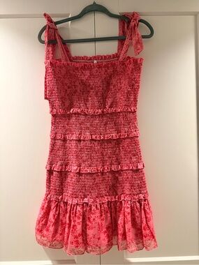 Smocked Tie-Shoulder Tiered Mini Dress in Bright Pink